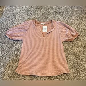 easel Waffle Knit Notch V Puff Sleeve Top - Dusty Rose